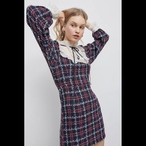 Sister Jane Peggy Pearl navy tweed check plaid ruffle bow dress NWT